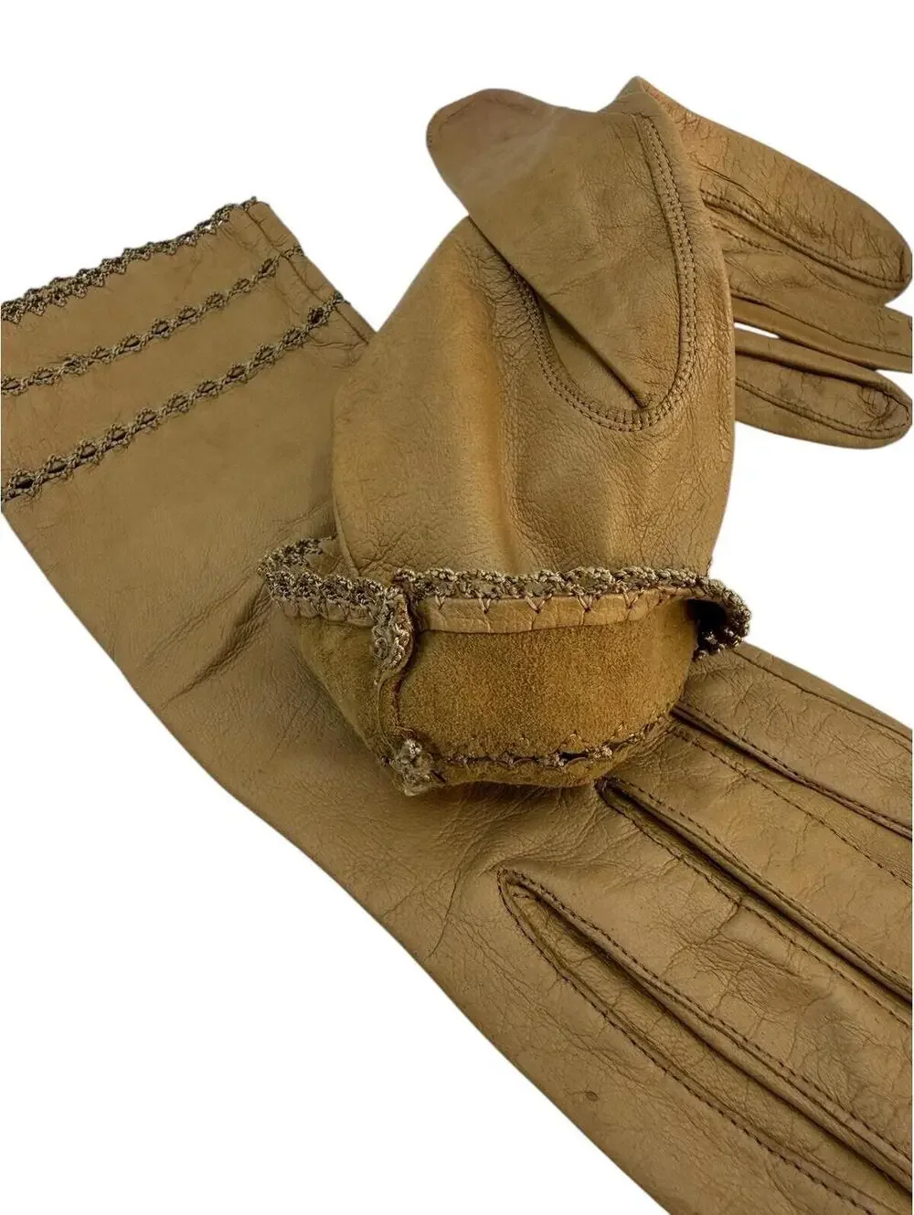 Vintage Soft Light Brown Leather Gloves with Embroidery, Gauntlet Length